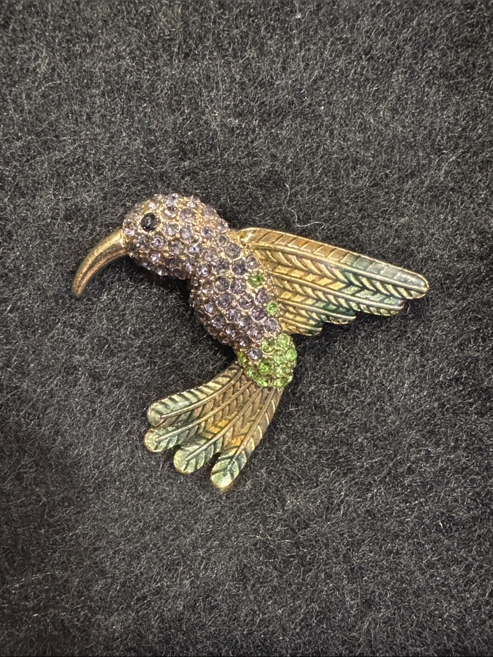Vintage Sparkling Hummingbird Bird Pin Brooch in Purple Green and Gold